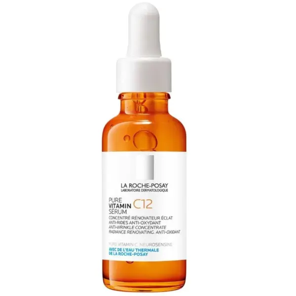 La Roche-Posay Pure Vitamin C12 Serum bottle with dropper, brightening anti-wrinkle face serum for sensitive skin